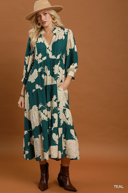 Umgee Floral Tiered Midi Dress in Teal