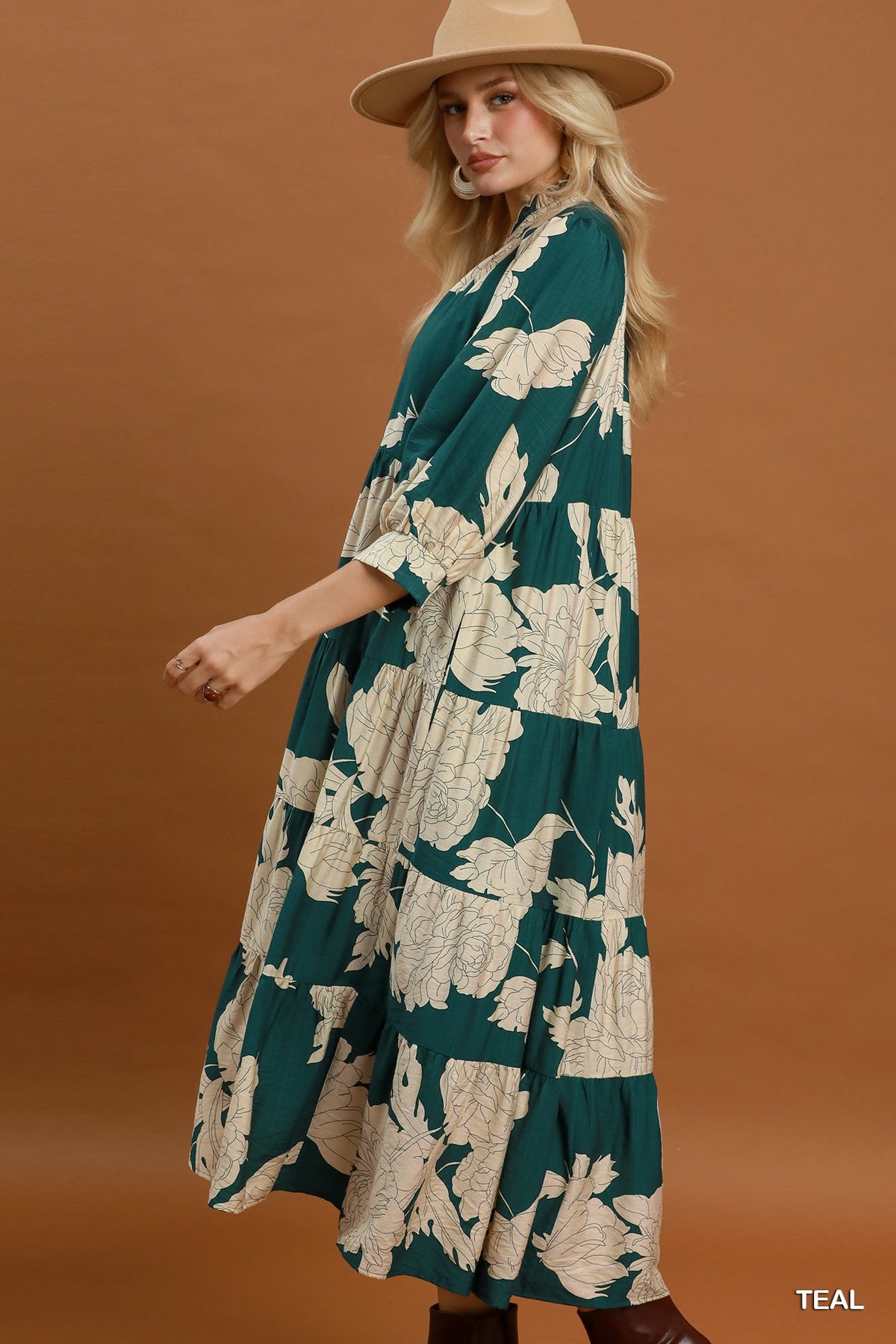 Umgee Floral Tiered Midi Dress in Teal