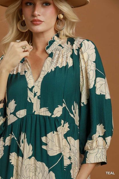 Umgee Floral Tiered Midi Dress in Teal