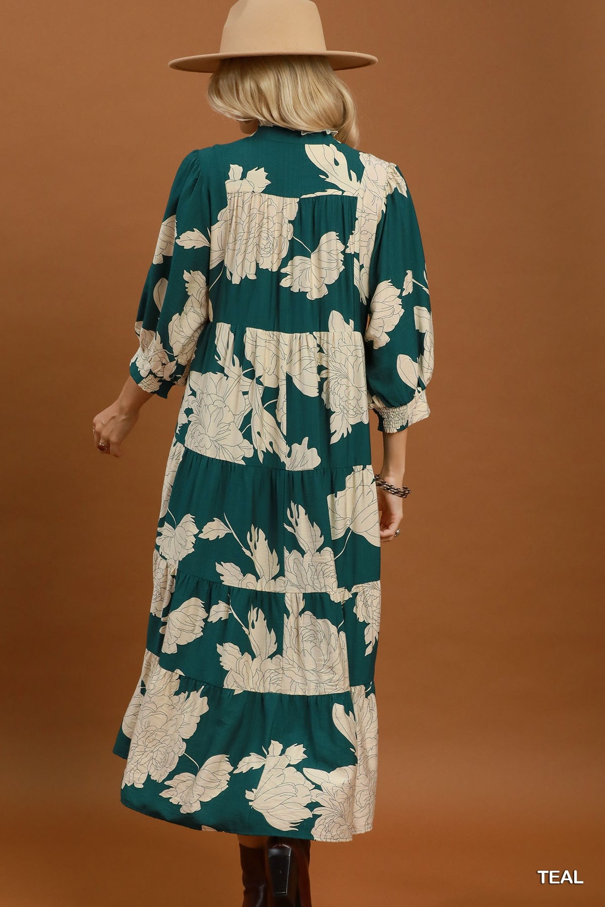 Umgee Floral Tiered Midi Dress in Teal
