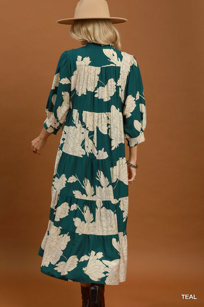 Umgee Floral Tiered Midi Dress in Teal