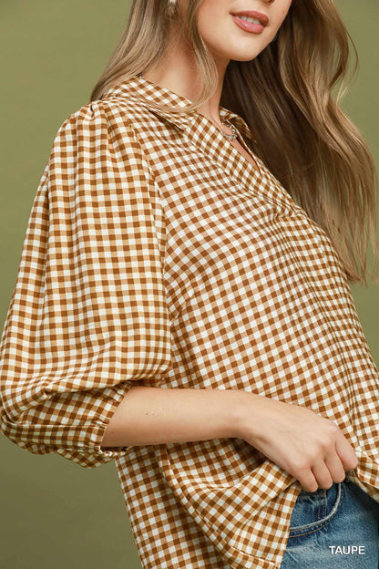 Umgee Long Sleeve Checkered V-Neck Top in Taupe