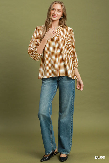 Umgee Long Sleeve Checkered V-Neck Top in Taupe