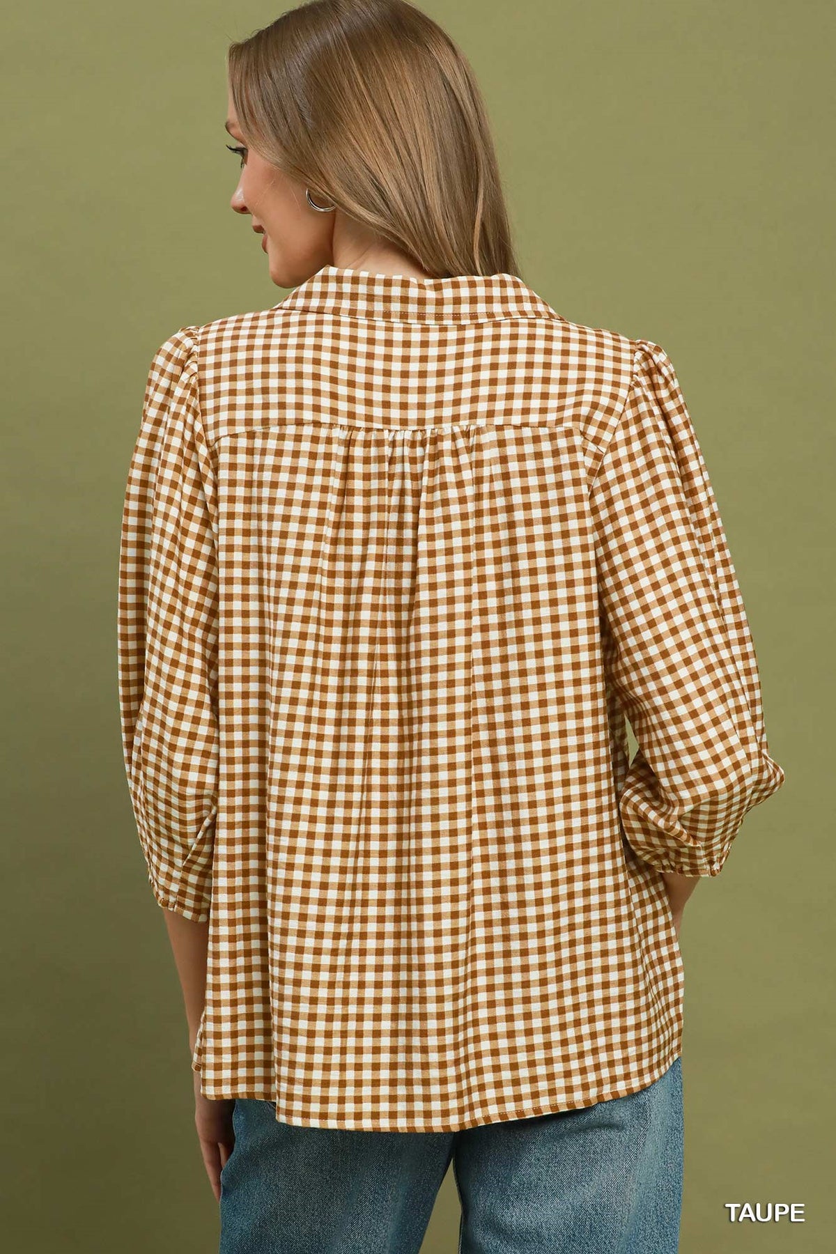 Umgee Long Sleeve Checkered V-Neck Top in Taupe