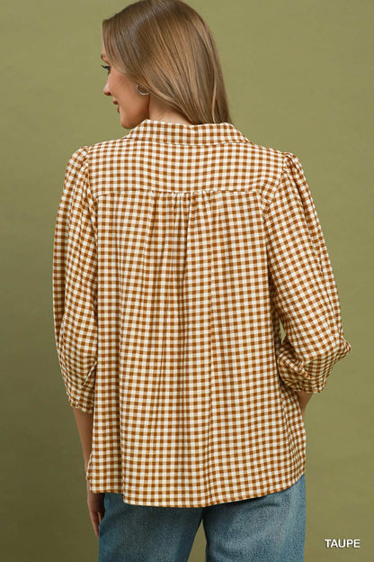 Umgee Long Sleeve Checkered V-Neck Top in Taupe