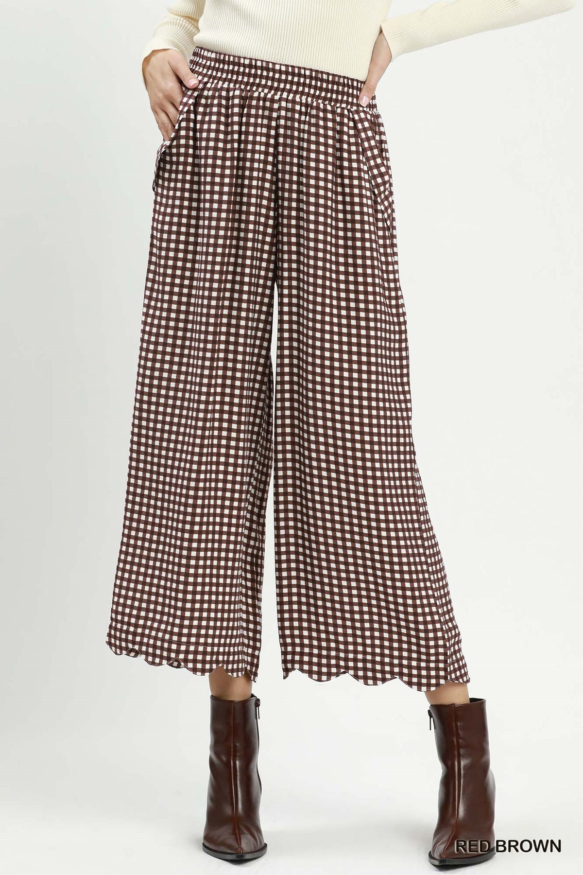 Umgee Checkered Wide Leg Pant in Red Brown