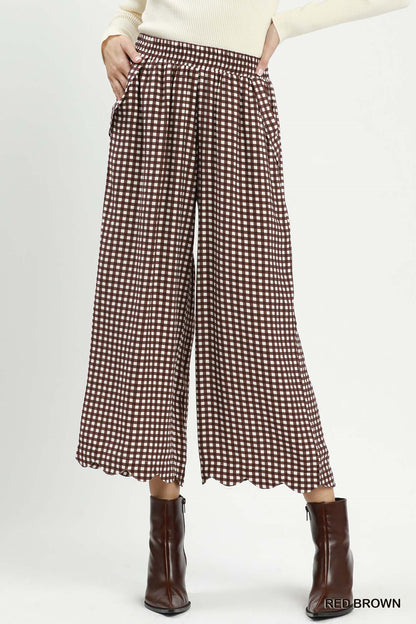 Umgee Checkered Wide Leg Pant in Red Brown