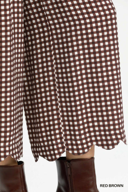 Umgee Checkered Wide Leg Pant in Red Brown