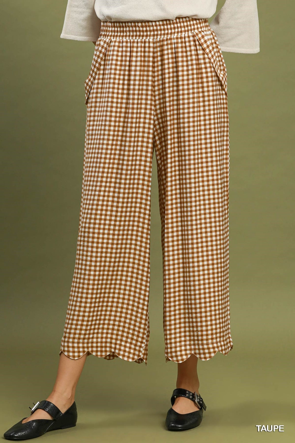 Umgee Checkered Wide Leg Pant in Taupe