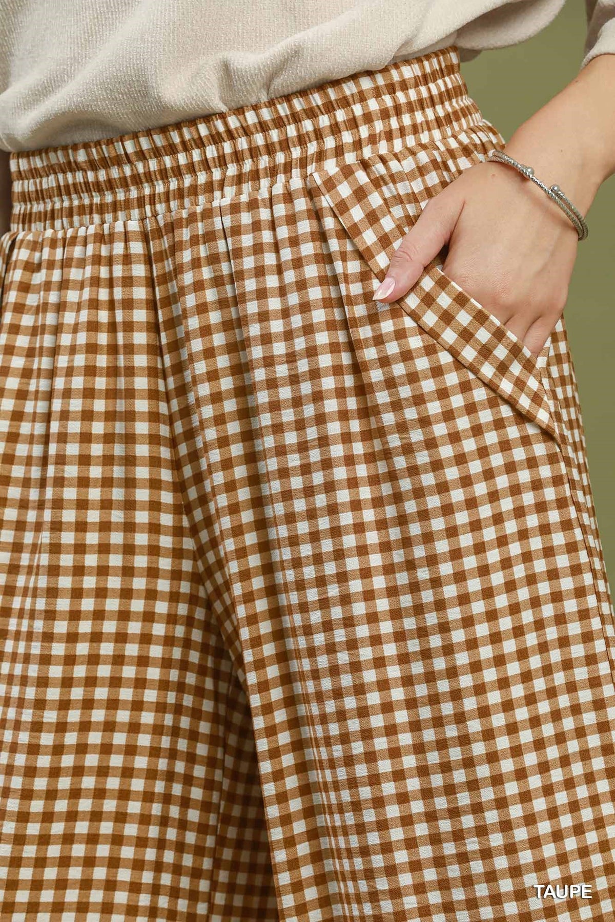 Umgee Checkered Wide Leg Pant in Taupe