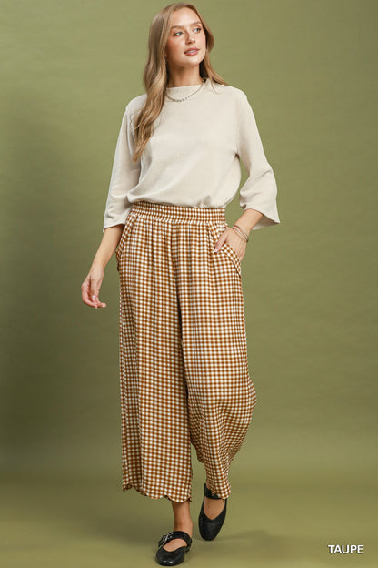 Umgee Checkered Wide Leg Pant in Taupe