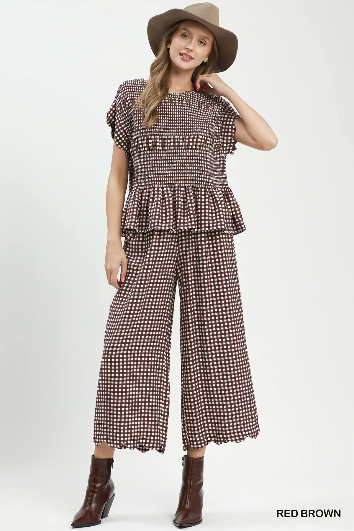 Umgee Checkered Wide Leg Pant in Red Brown