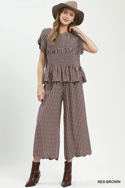 Umgee Checkered Wide Leg Pant in Red Brown