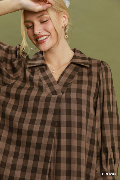 Umgee Checkered Wide Open Collared Midi Dress in Brown