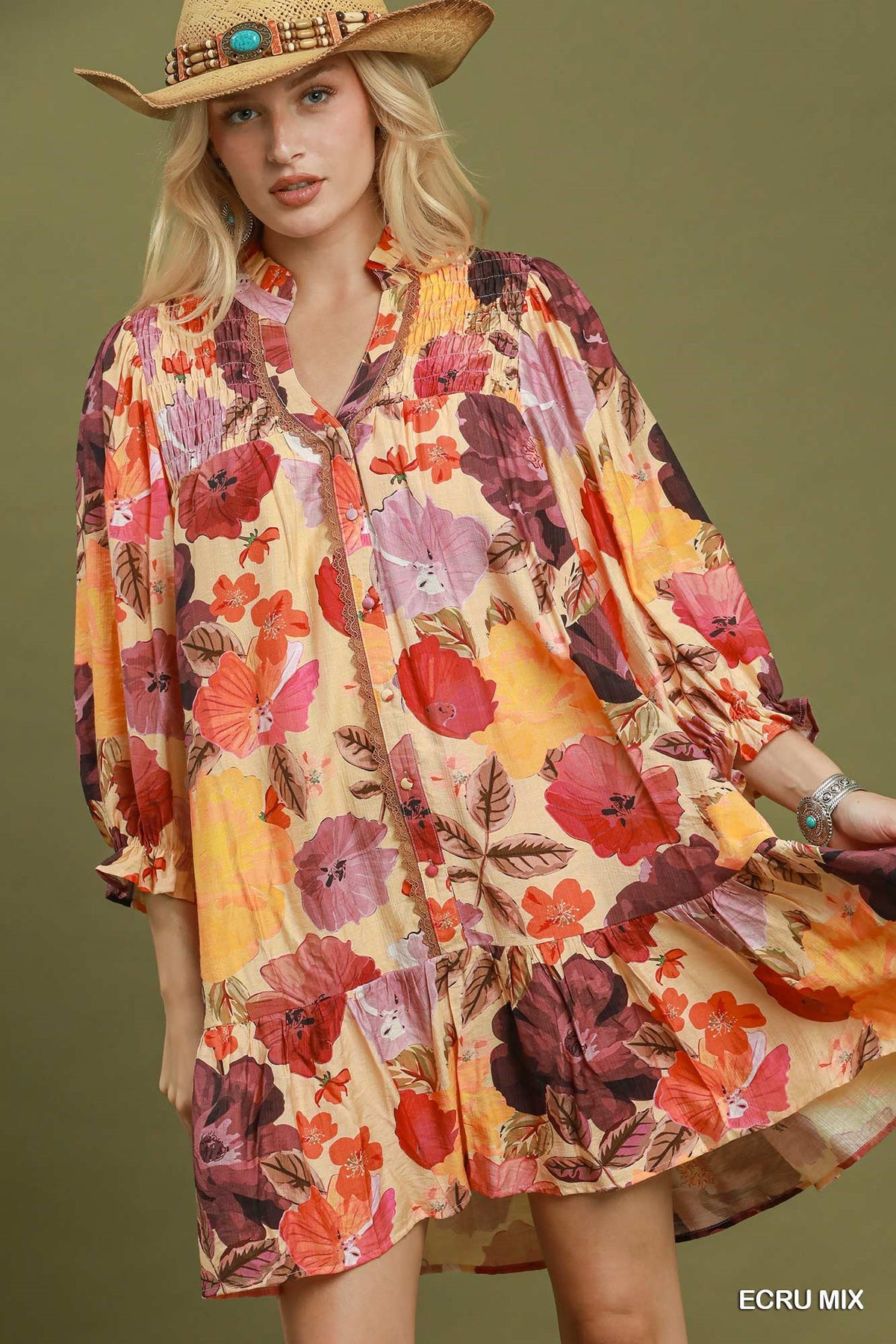 Umgee Floral Smocked Yoke Button Front Mini Dress in Ecru Mix