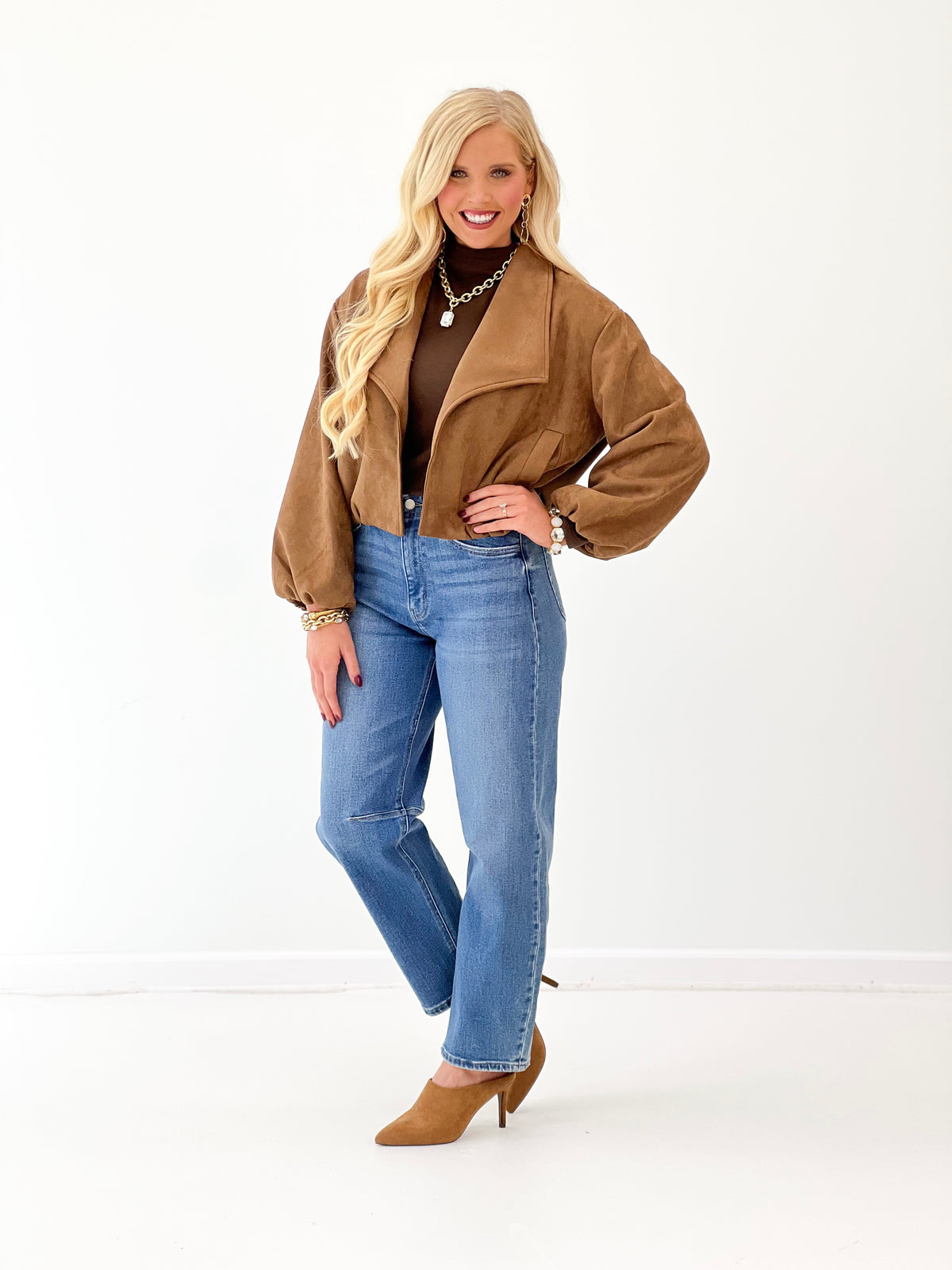 Camel suede open-lapel bubble jacket with open front and long sleeves