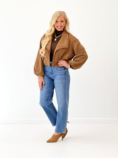 Camel suede open-lapel bubble jacket with open front and long sleeves