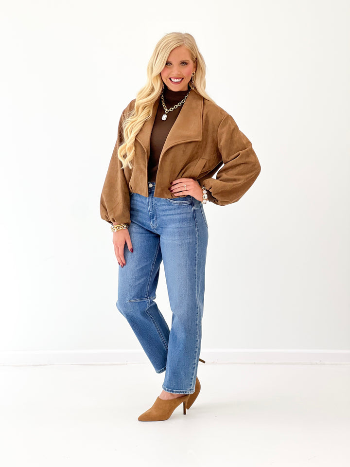Allie Rose Soft Suede Open Lapel Bubble Jacket