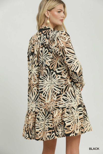 Umgee Abstract Floral Print Ruffle Hem Dress in Black