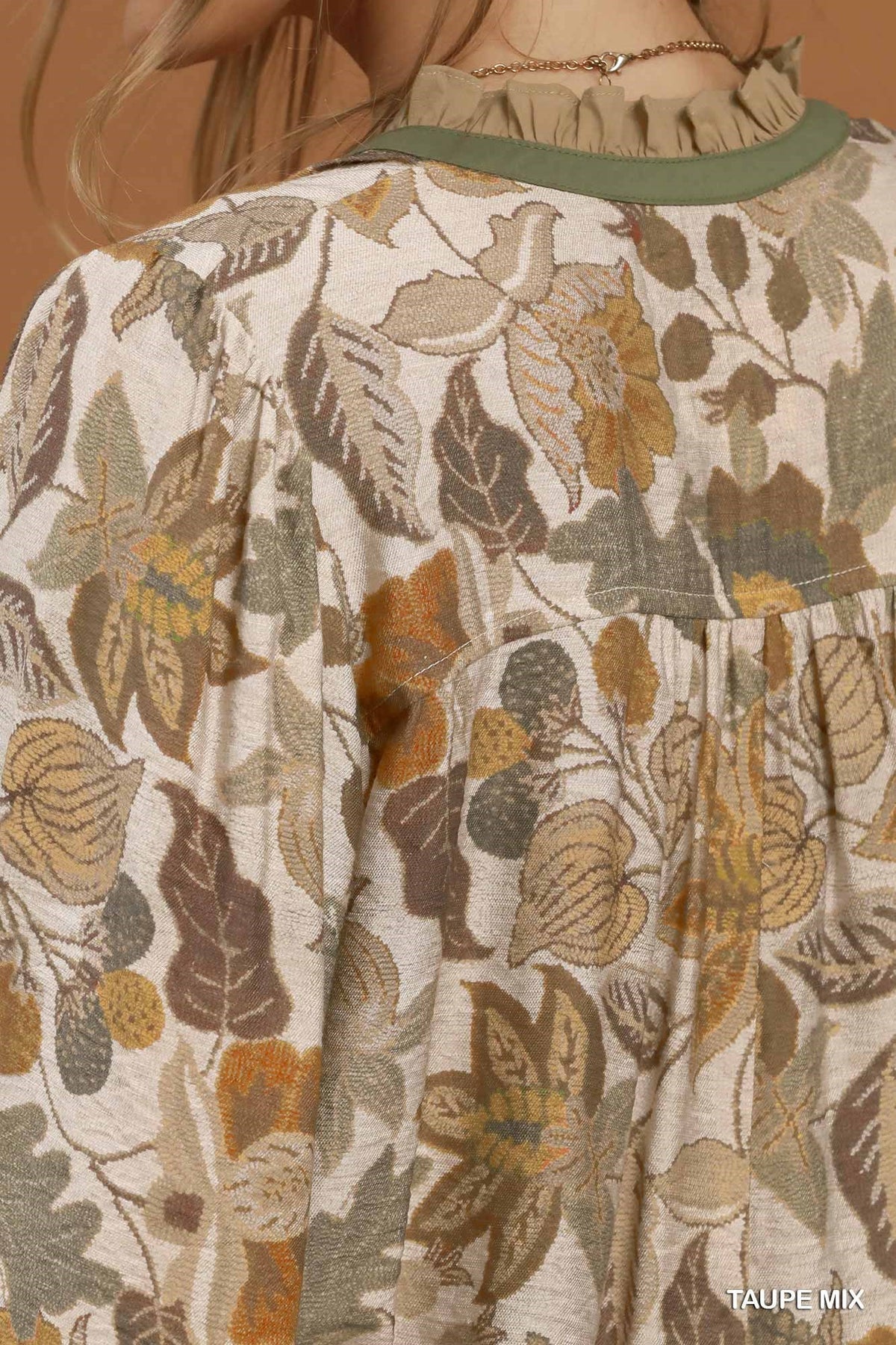 Umgee Floral Contrast Trim Long Sleeve Top in Taupe Mix