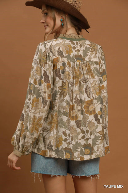Umgee Floral Contrast Trim Long Sleeve Top in Taupe Mix