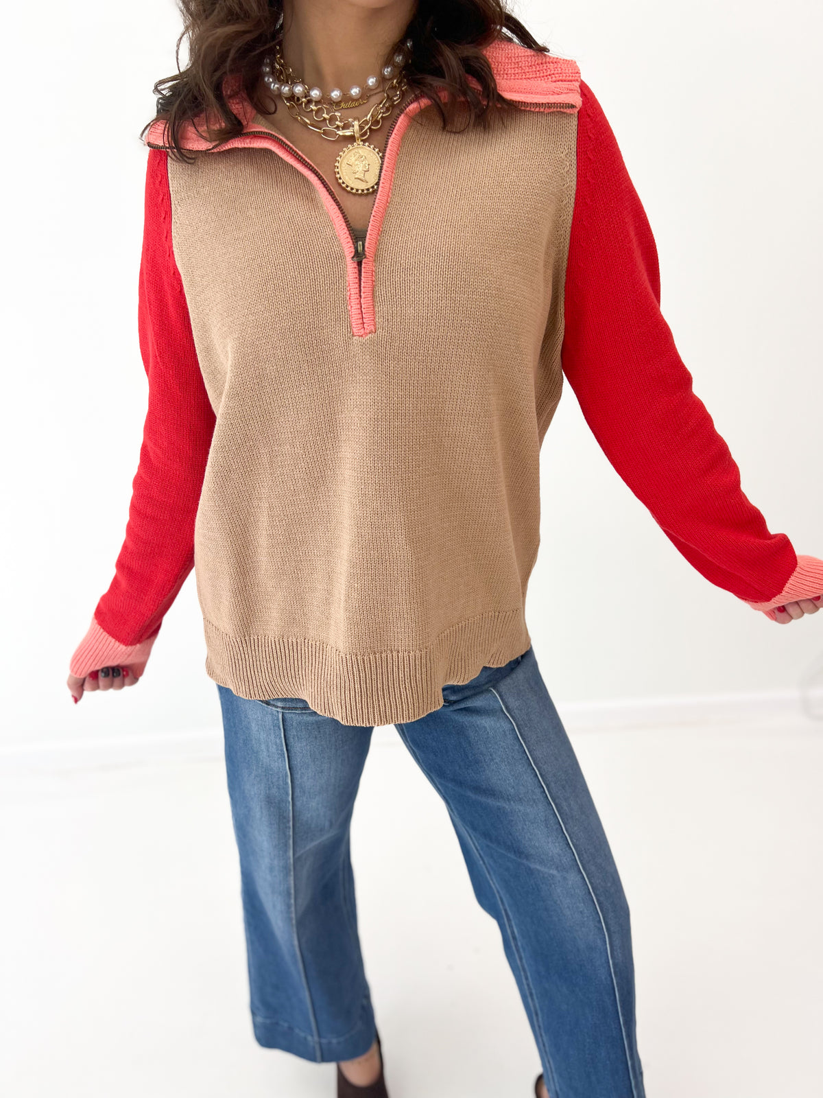 Color-block half-zip knit sweater with taupe front and red long sleeves