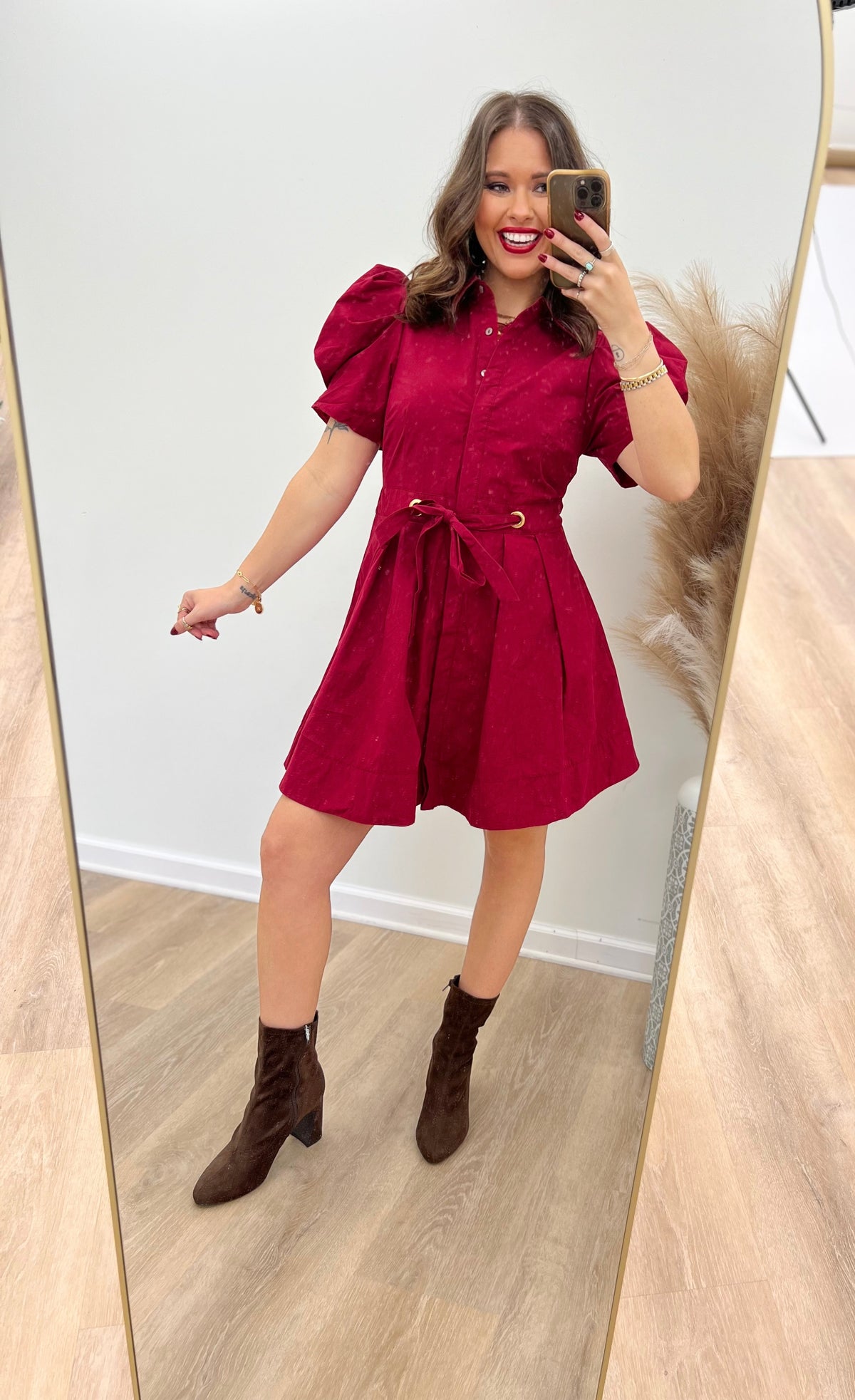 Scarlet puff sleeve tie-waist pleated mini dress, front button placket