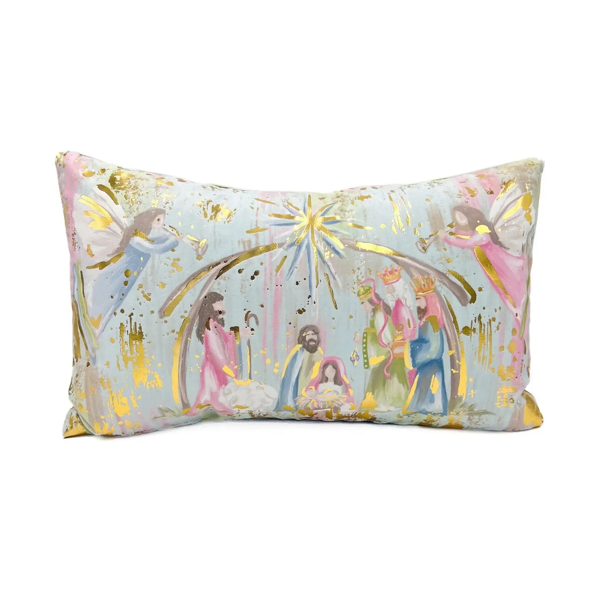 Rachel Brooks Gold Foil Pastel Nativity Pillow