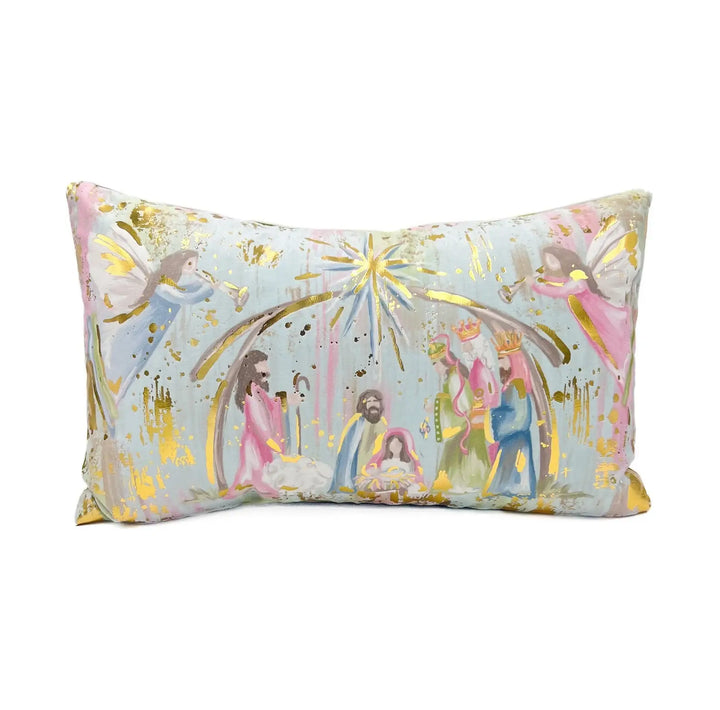 Pastel nativity velvet pillow with gold foil scene and figures