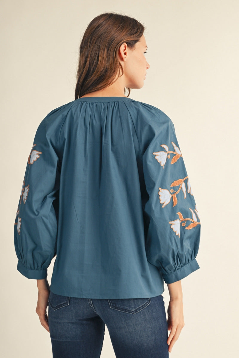 Jodifl Baroque Floral Applique Notched V-Neck Top in Teal