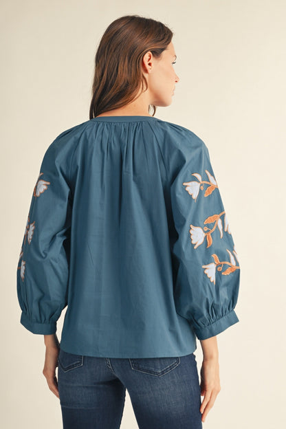 Jodifl Baroque Floral Applique Notched V-Neck Top in Teal