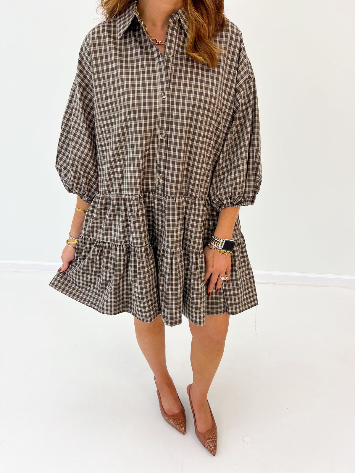 Hyfve Plaid Button-Down Tiered Dress