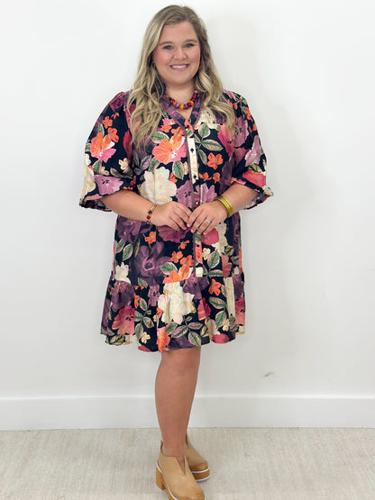 Floral smocked yoke button mini dress with tiered skirt and ruffled hem, dark mix