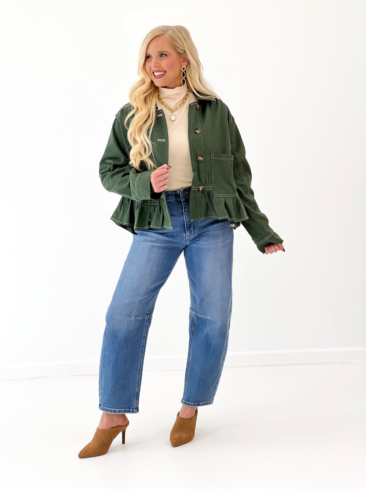 Olive oversized denim jacket with peplum ruffle detailing and button front