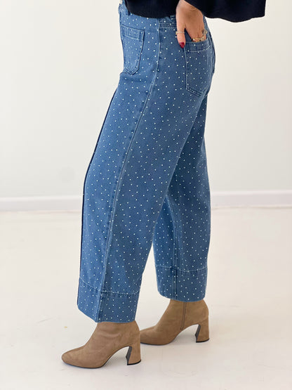 Blue polka dot wide-leg pants with patch pockets and front seam detail