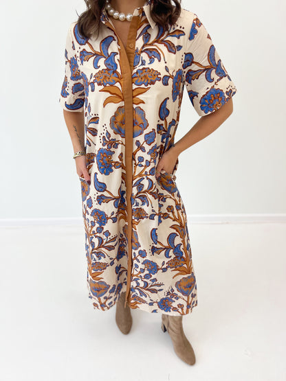 Entro Short Sleeve Floral Collared Midi Dress