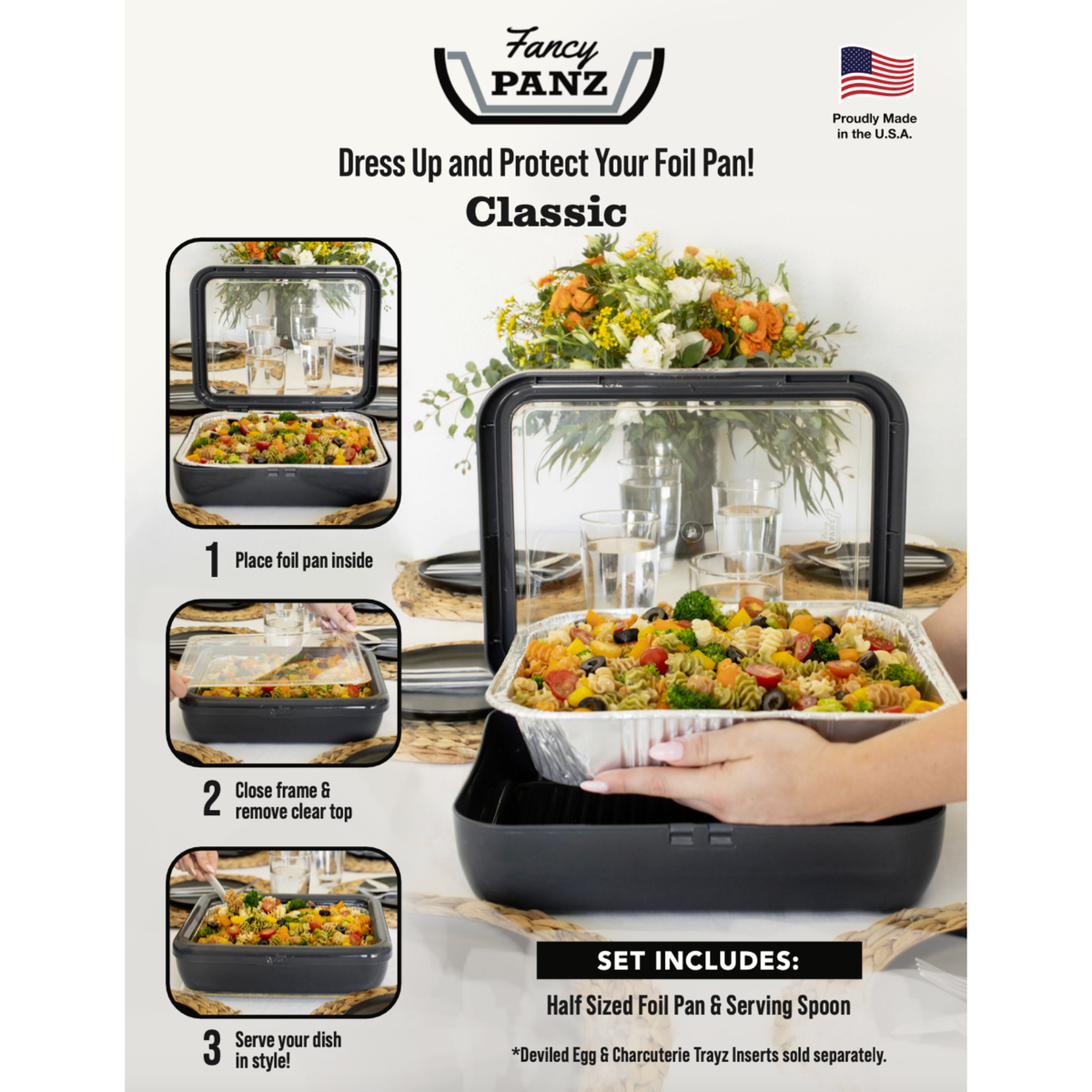Classic navy foil pan carrier kit with fitted foil pan insert and serving spoon
