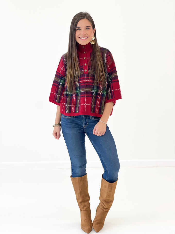 Red plaid sweater top with stand collar, button front and relaxed fit