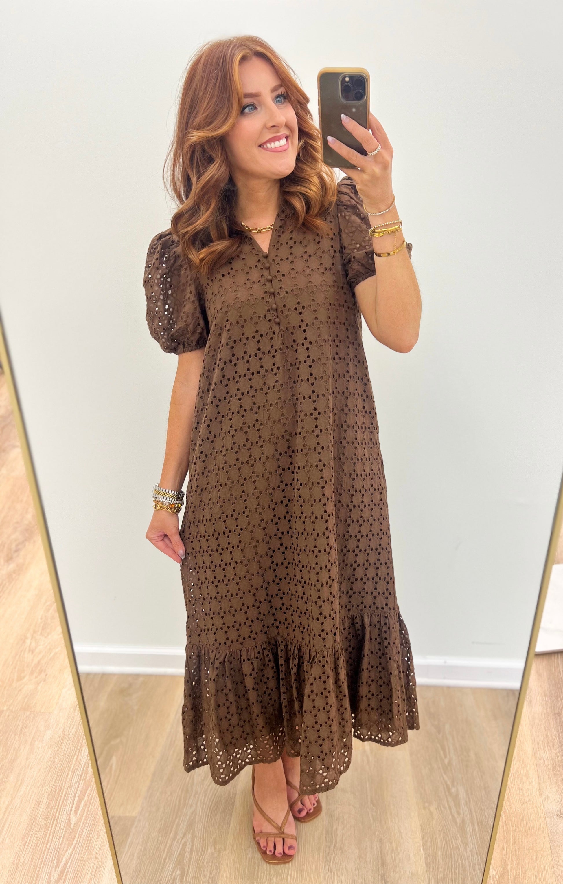 Entro Eyelet Puff Sleeve Maxi Dress
