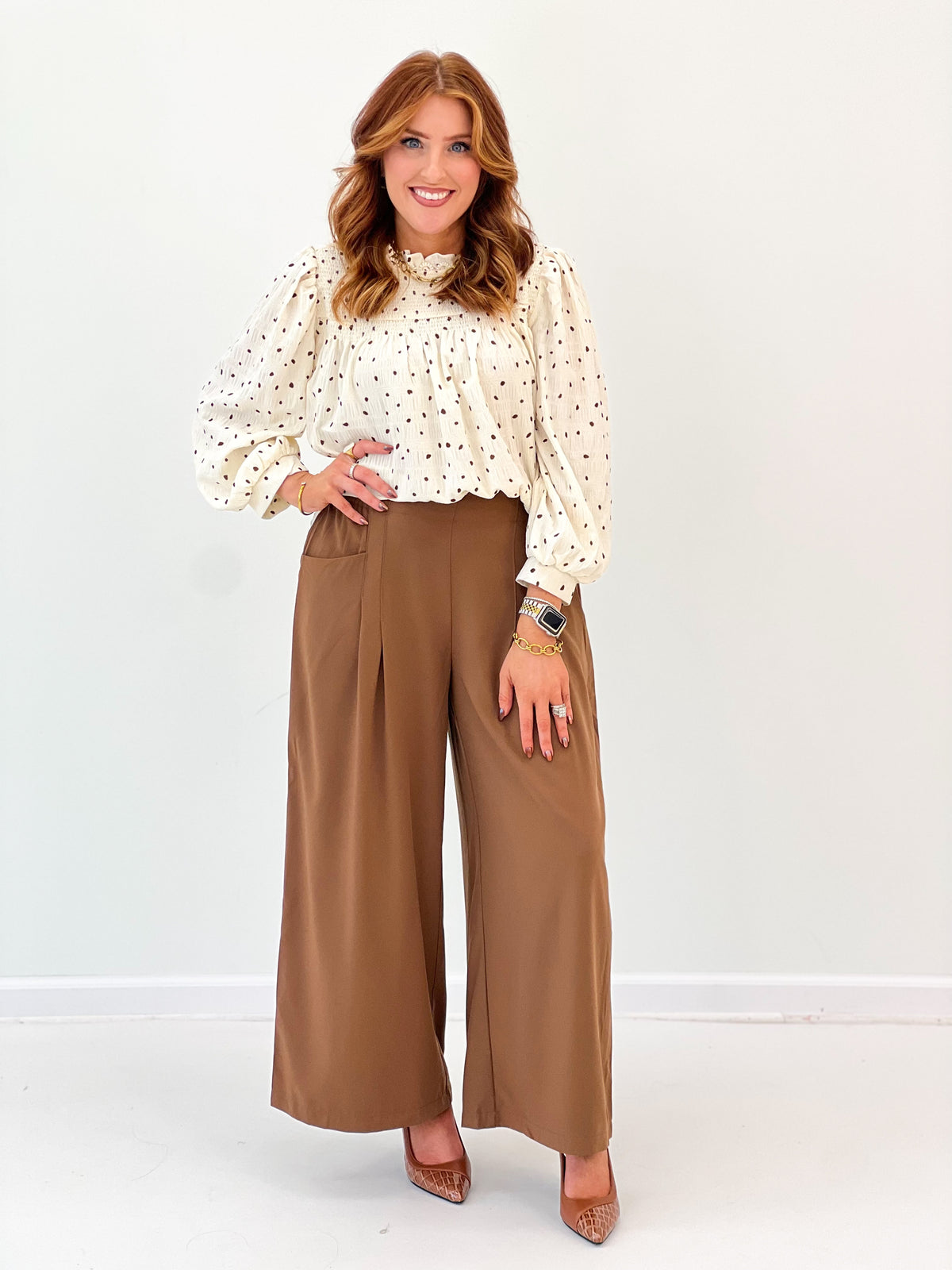 Umgee Dot Print Smocked Puff Sleeve Blouse