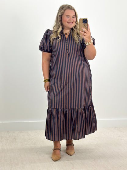 Navy and brown striped puff-sleeve midi dress with ruffled neckline and tiered hem