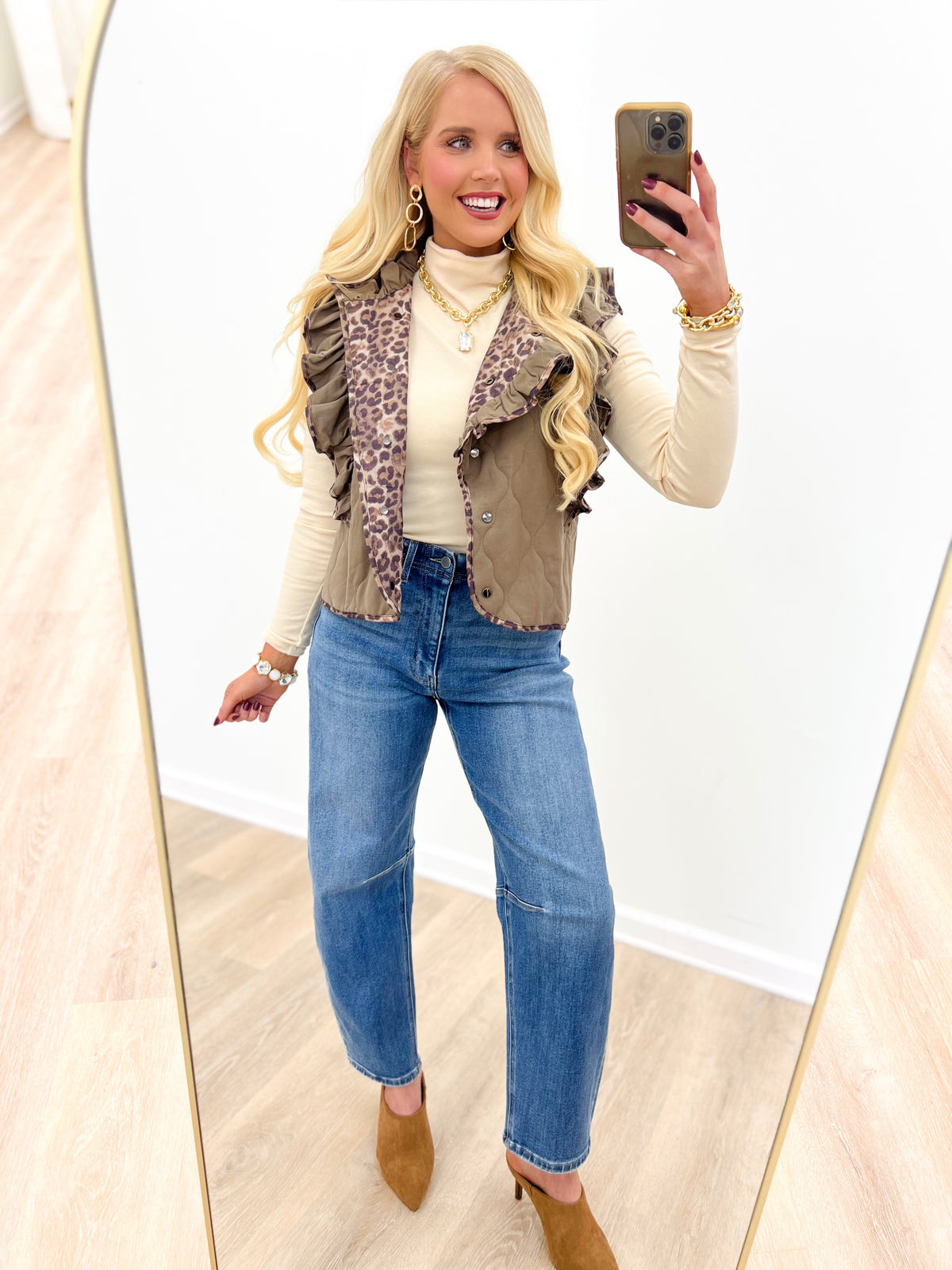 Umgee Quilted Ruffle Vest with Leopard Trim