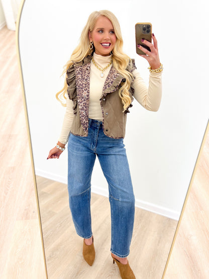 Umgee Quilted Ruffle Vest with Leopard Trim