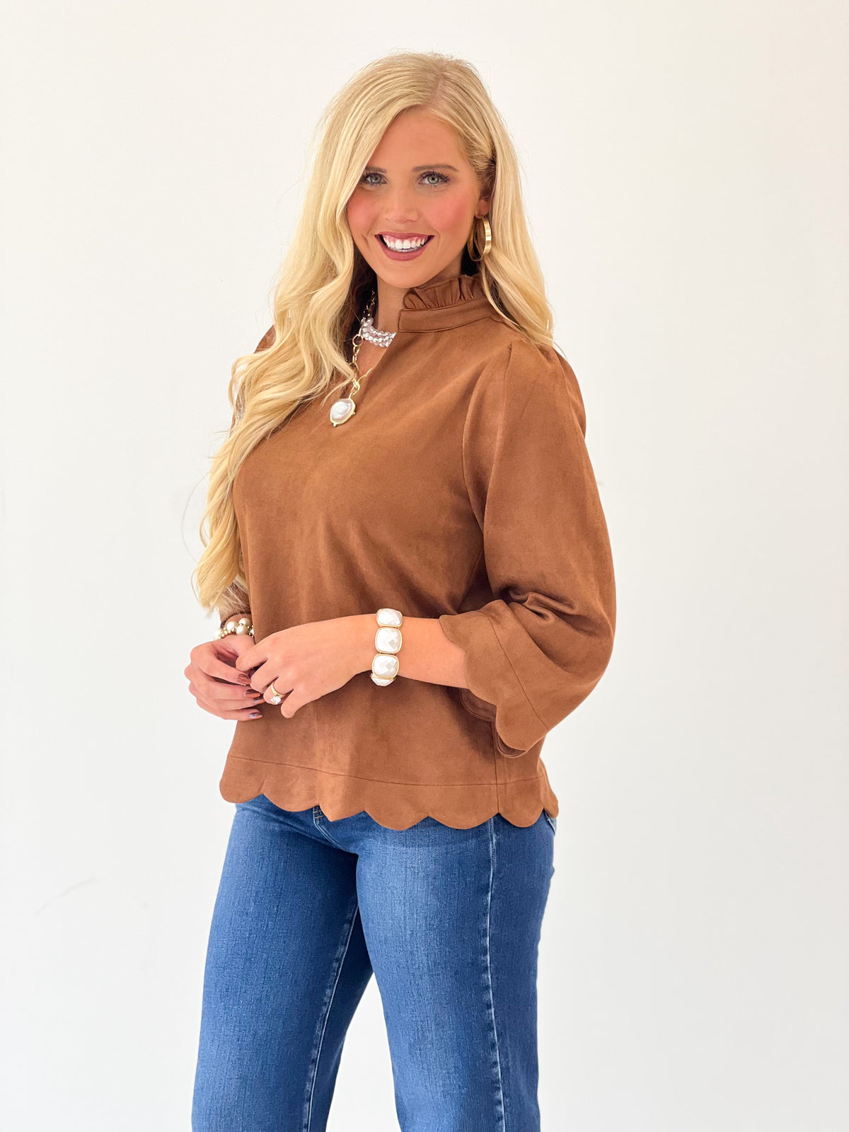 Jodifl Faux Suede Scallop Edge Ruffle Neck Top
