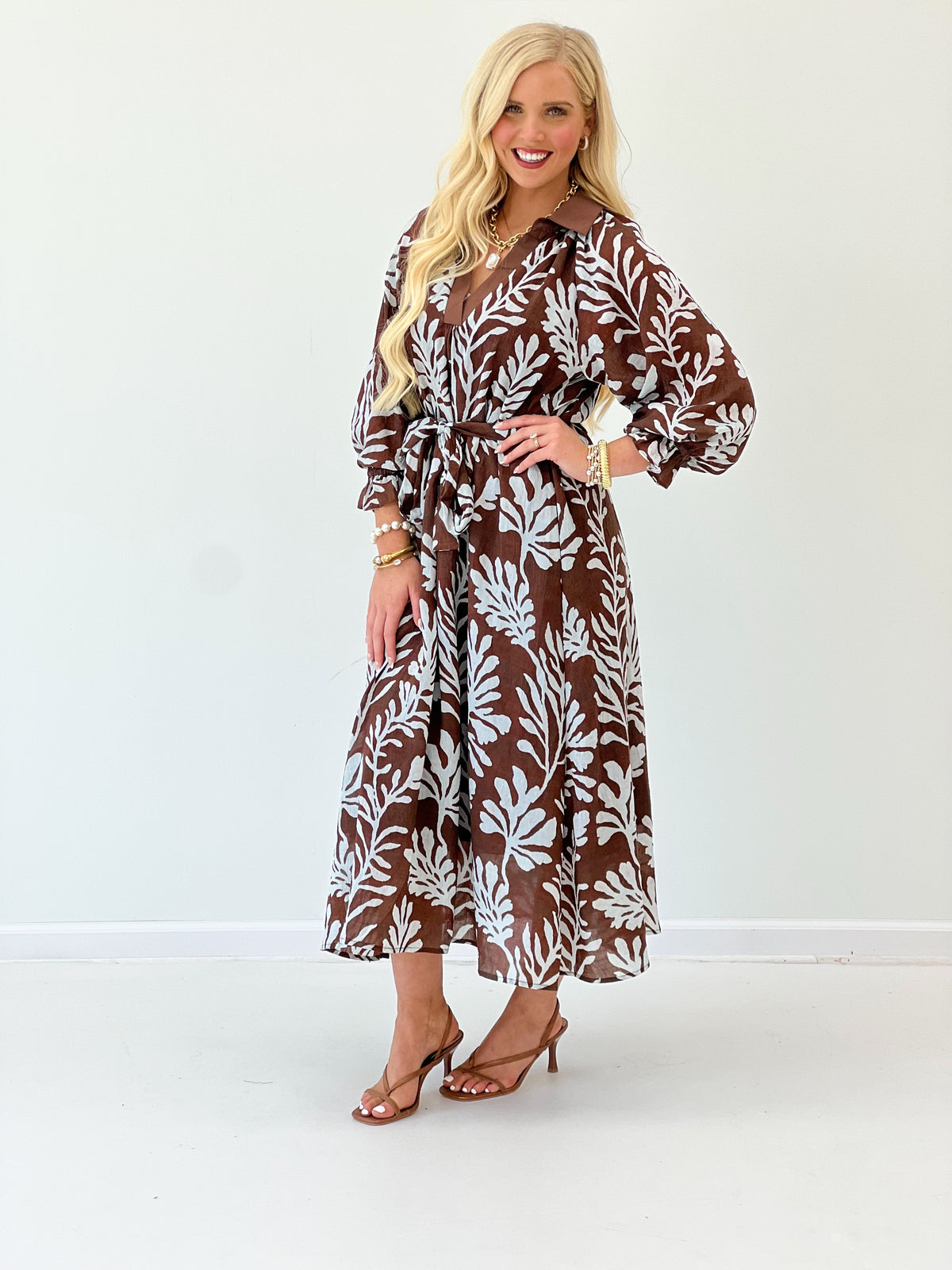 Umgee V-neck collared midi dress, brown leaf print, long sleeves, cinched tie waist