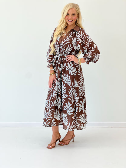 Umgee V-neck collared midi dress, brown leaf print, long sleeves, cinched tie waist