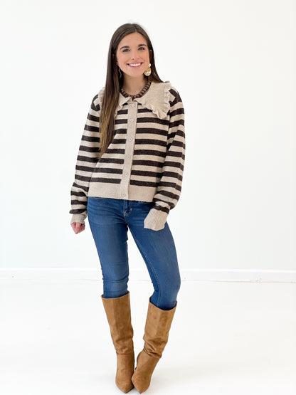 Oatmeal and black striped sweater cardigan with ruffled collar and button-front, long sleeves
