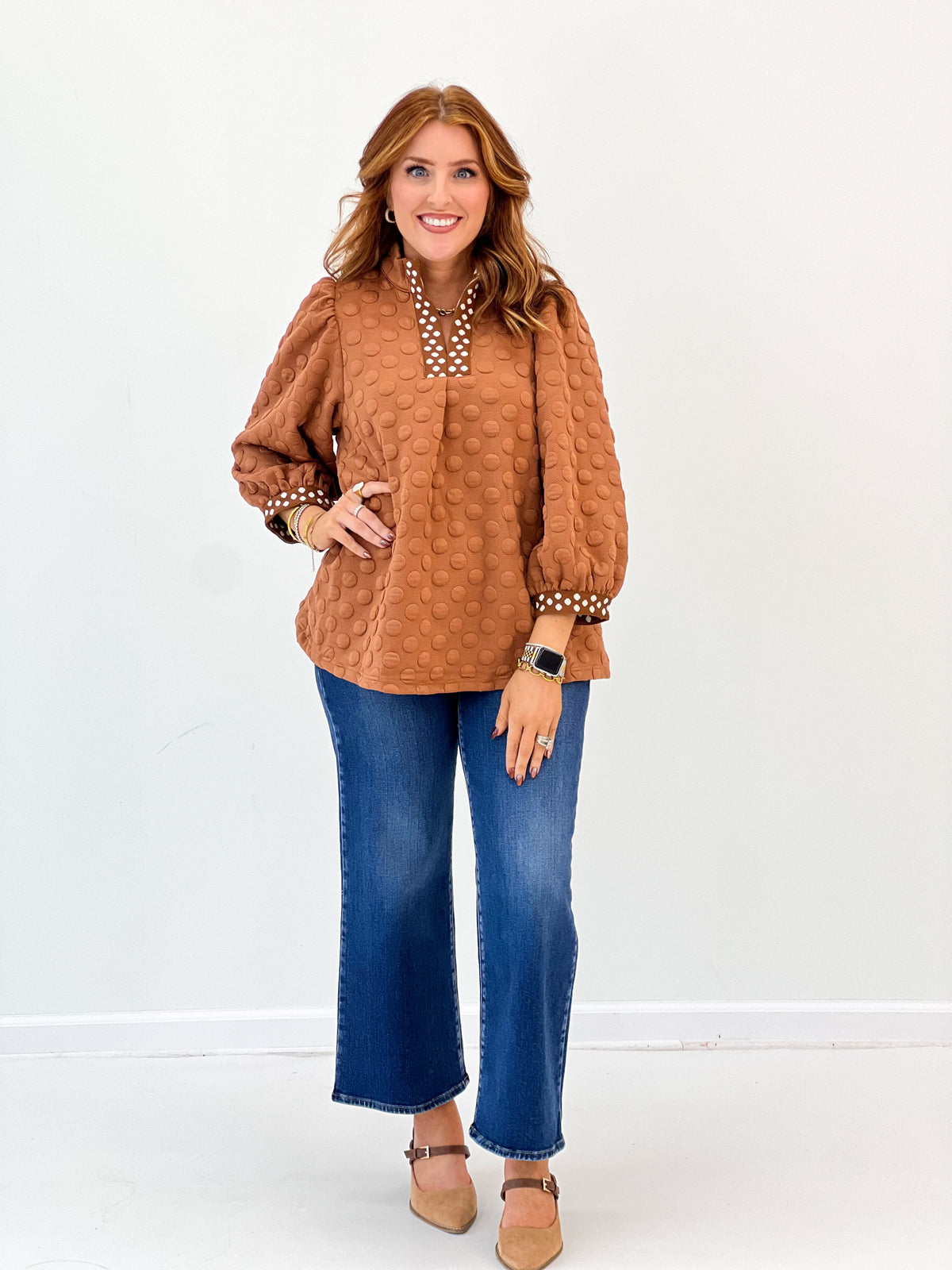 Umgee Jacquard Polka Dot Contrast Trim Top