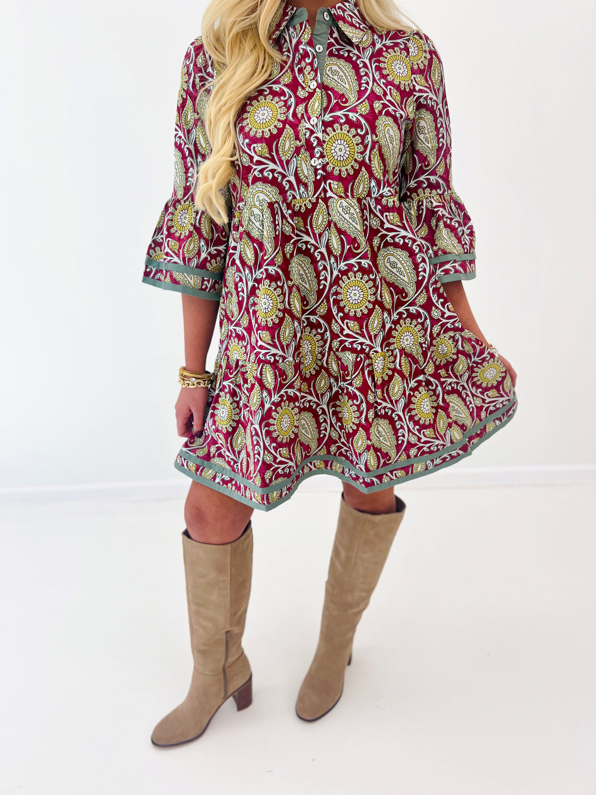 Wine paisley button-up dress with 3/4 sleeves and flared skirt, ruffle-edged hem