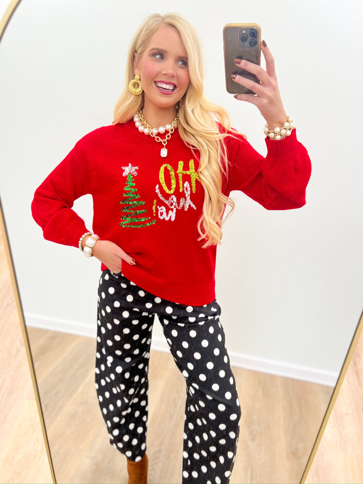 Red sweater with sequin “Oh oh” and Christmas tree motifs